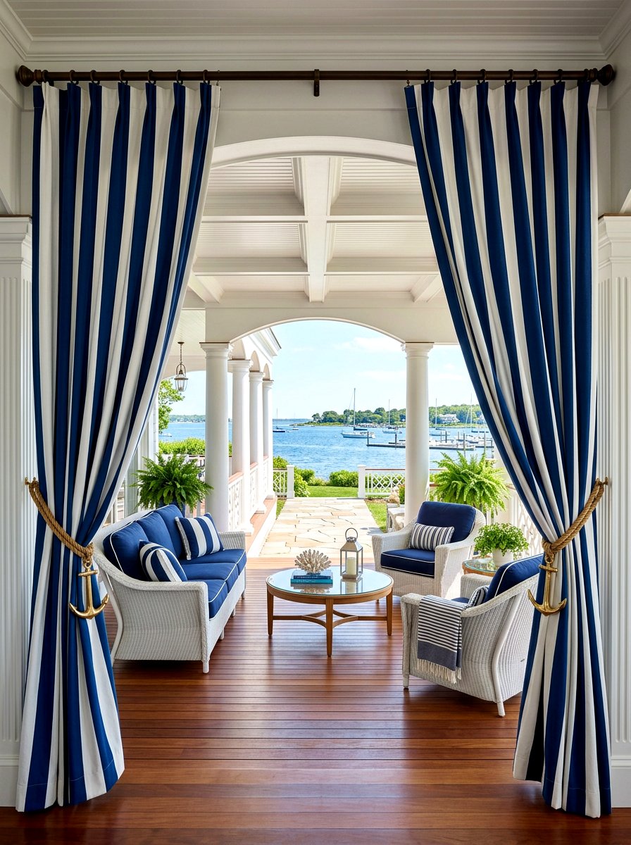 Wide Blue And White Stripe Porch Drapery - 30 blue and white stripe porch ideas