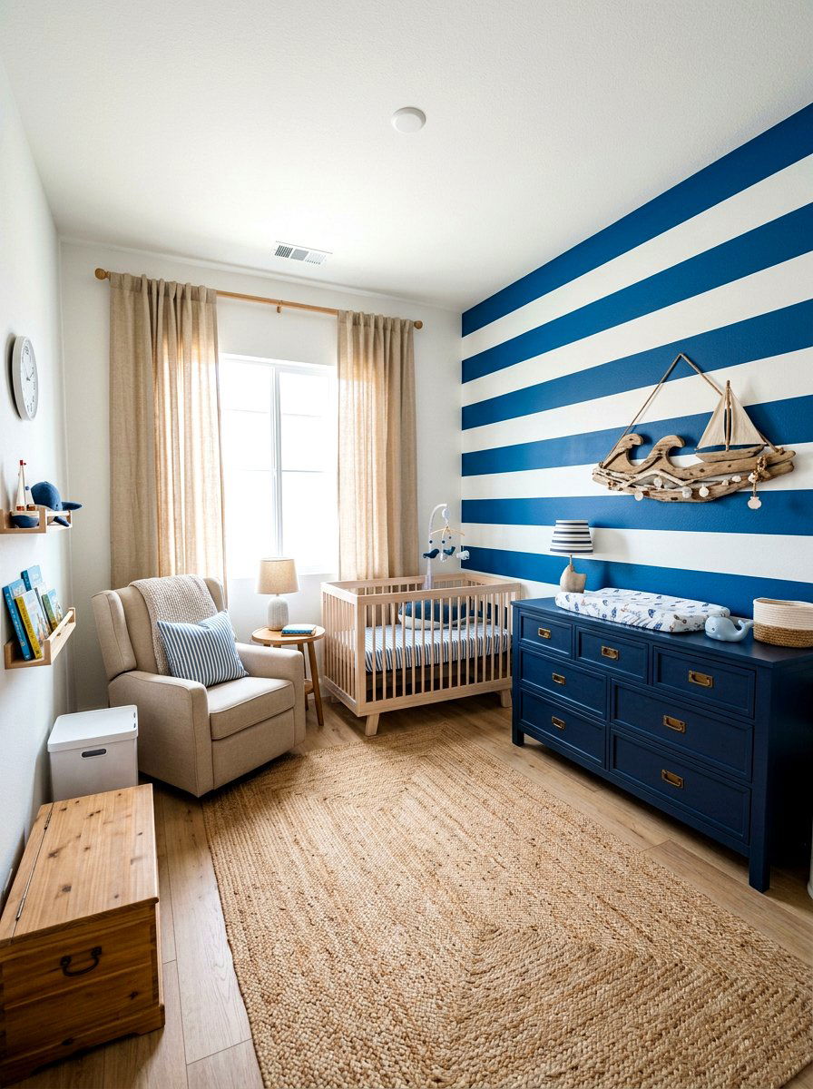 Wide Coastal Blue Stripe Nursery - 30 stripe nursery wallpaper ideas