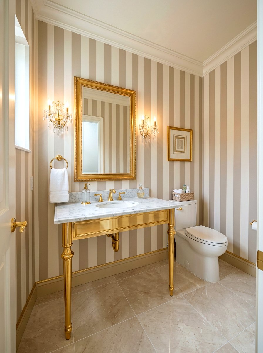 Wide Neutral Awning Stripe Wall - 30 stripe powder bath ideas