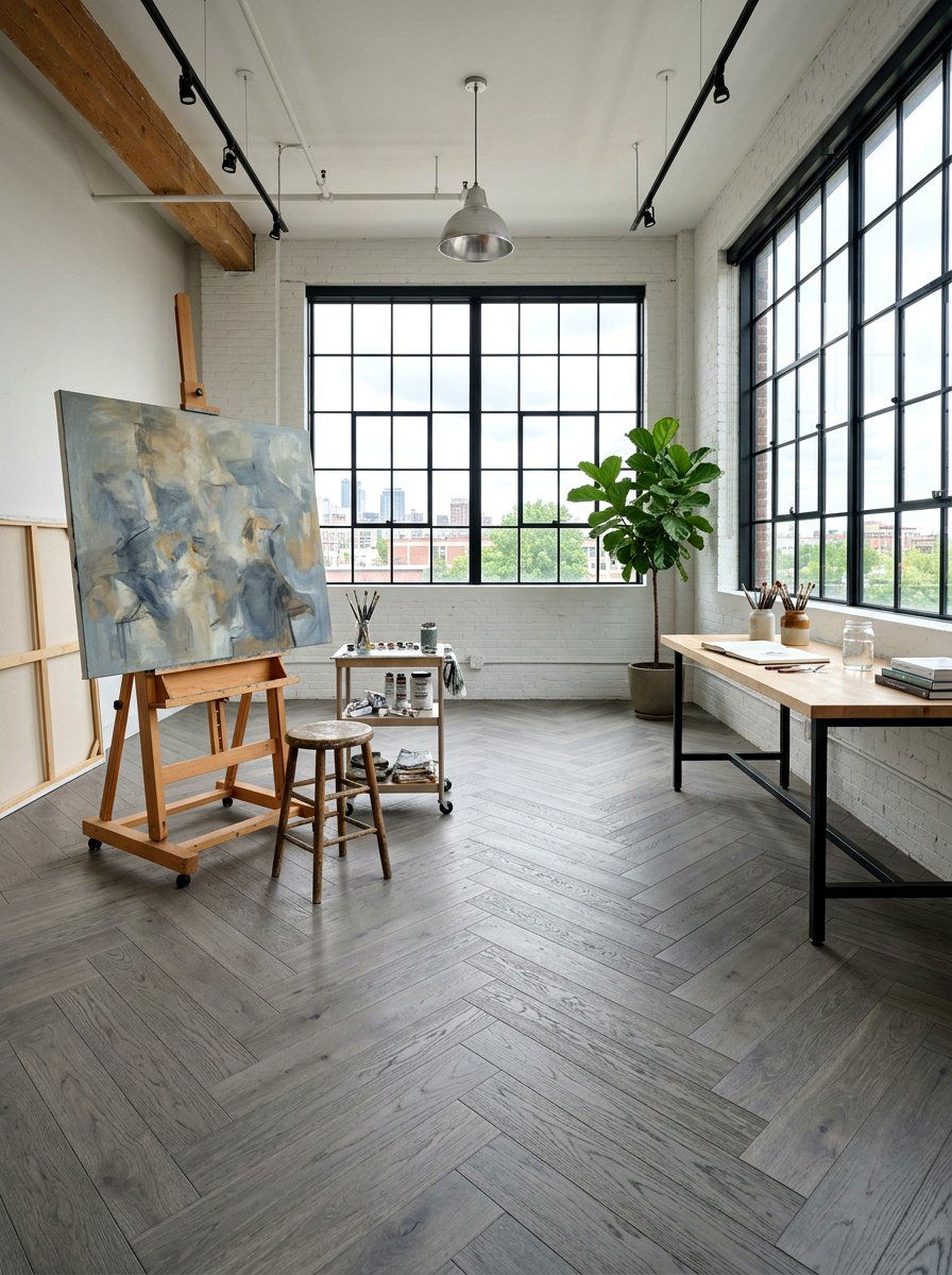 Wide Plank Gray Herringbone Studio - 30 herringbone floor ideas