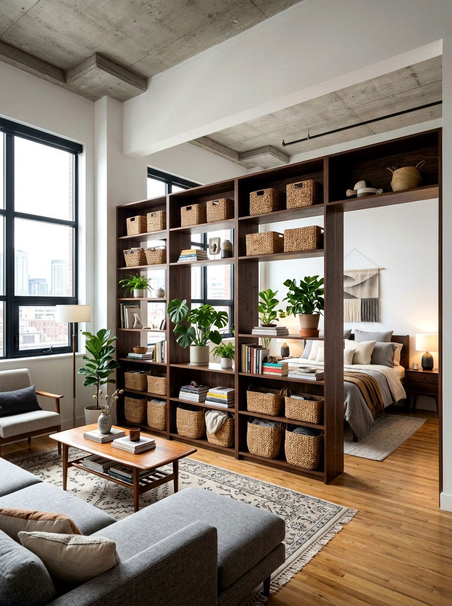 Wide Room Partition - 30 studio apartment divider shelf ideas