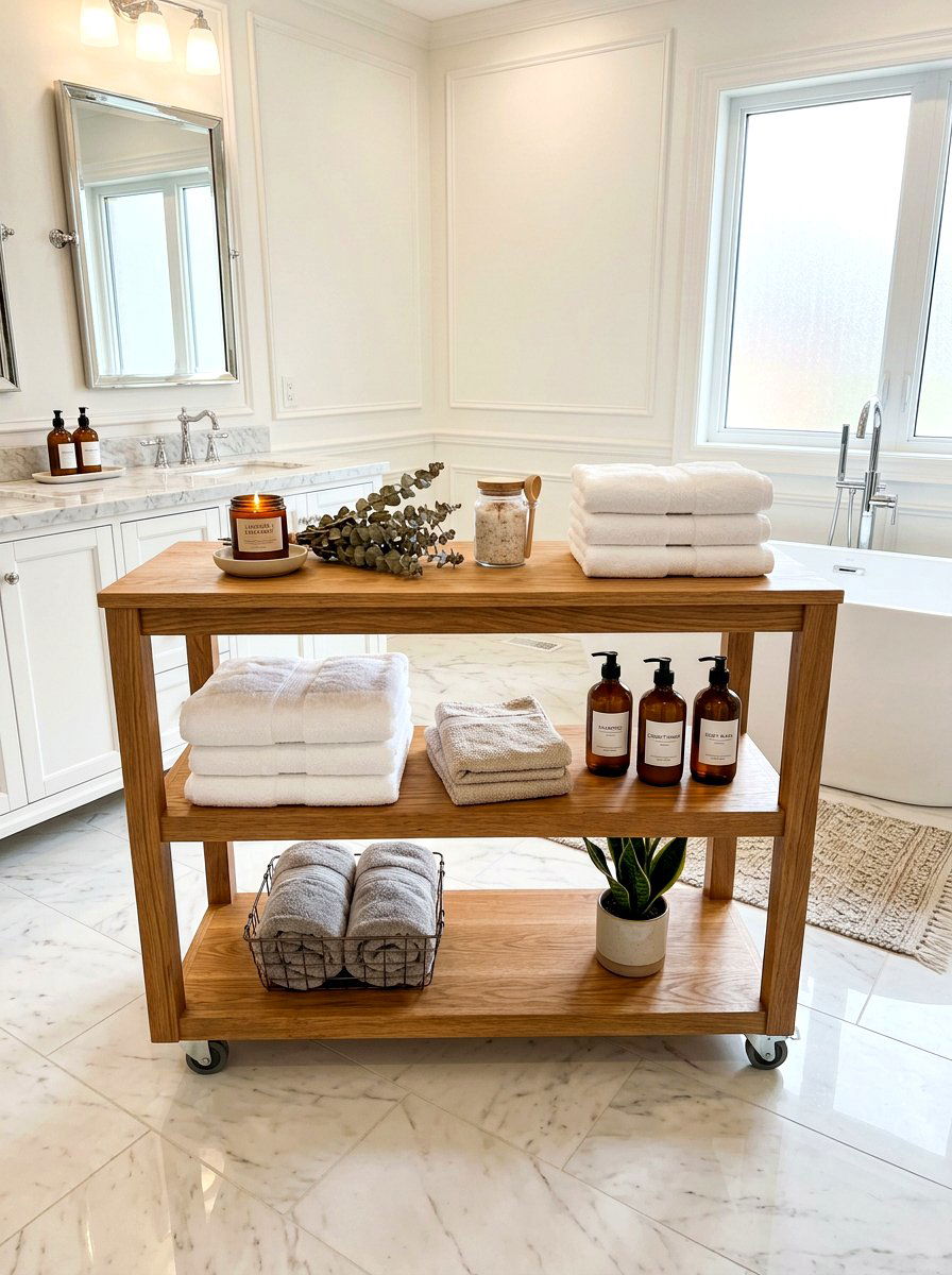 Wide Wooden Bathroom Cart - 30 aesthetic bathroom cart ideas