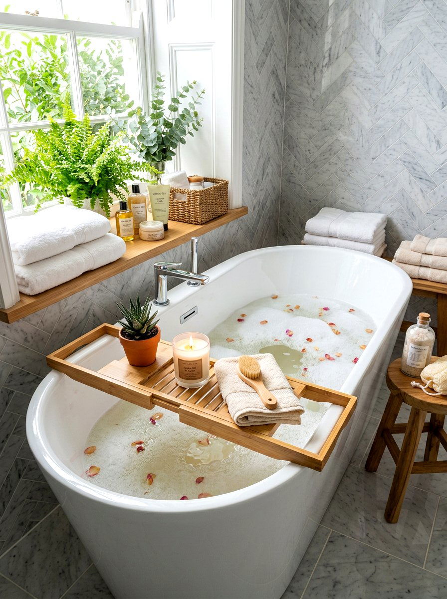 Wide bathtub plant tray - 30 bathroom plant shelf ideas