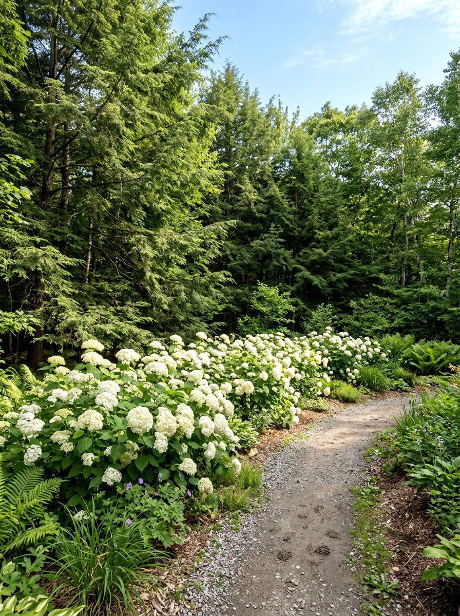 Wild hydrangea and hemlock woodland border - 30 evergreen and hydrangea landscape ideas