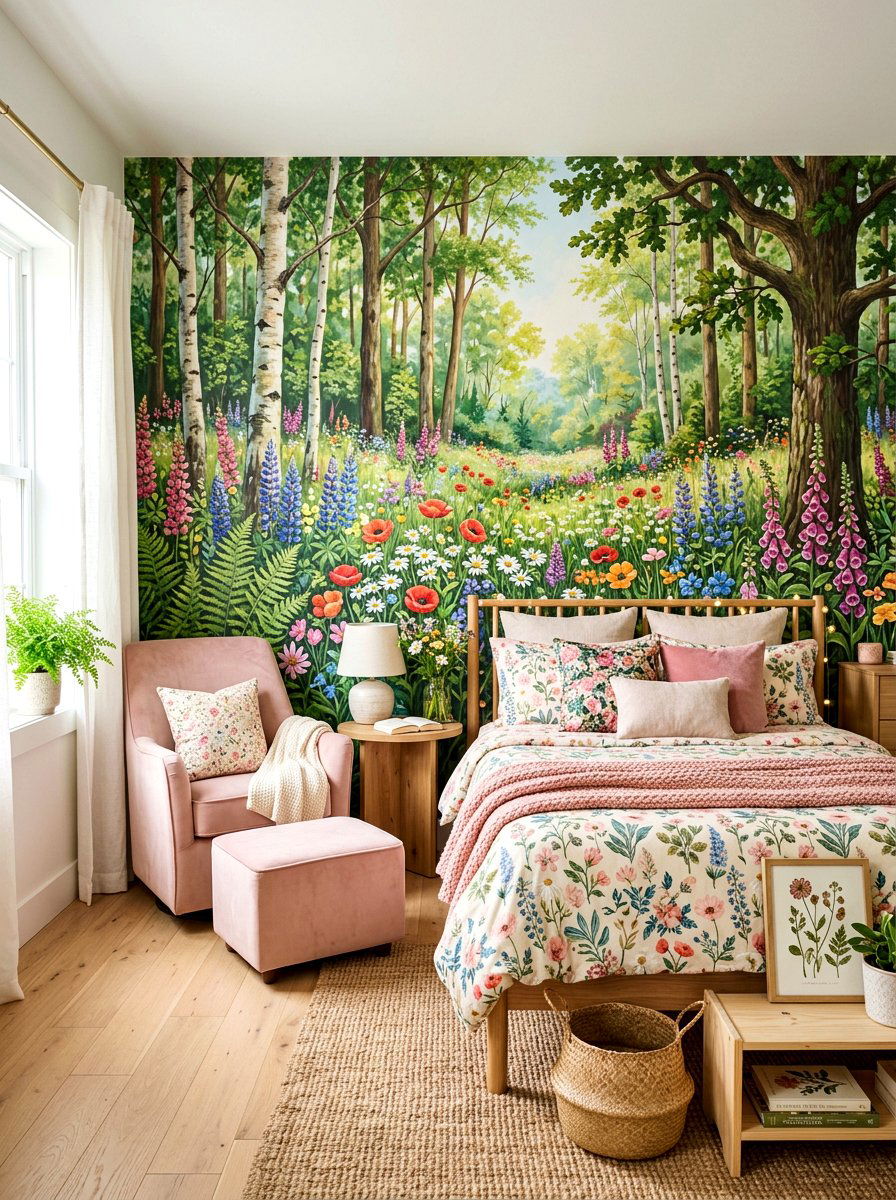 Wildflower And Forest Mural - 30 woodland wall mural nursery ideas