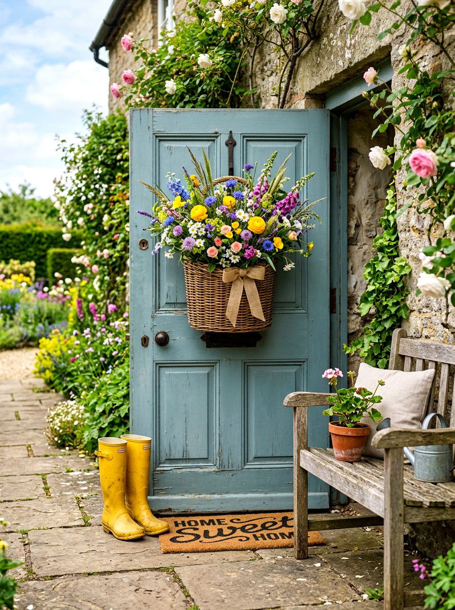 Wildflower Basket Wreath - 30 spring wreath ideas