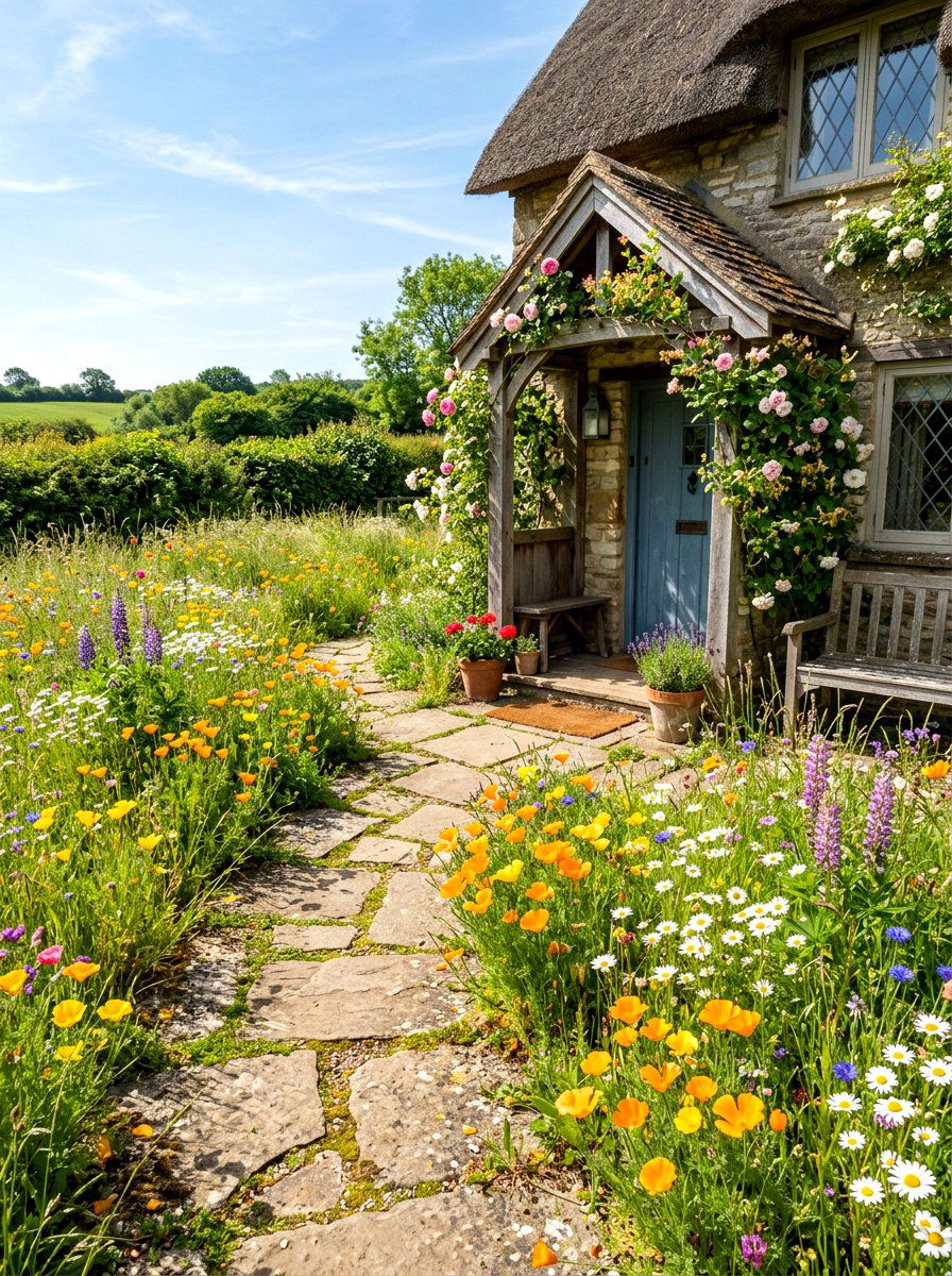 Wildflower Entry Garden - 30 English cottage front porch ideas