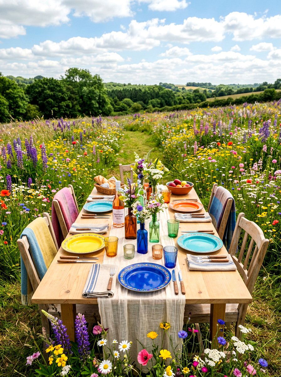 Wildflower Meadow Dining Setup - 30 garden party tablescape ideas