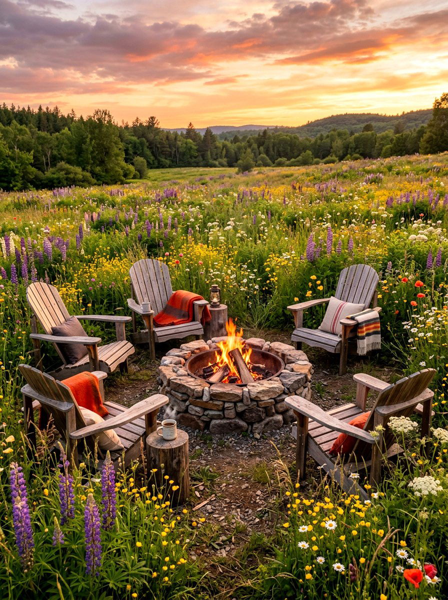 Wildflower Meadow Fire Pit Circle - 30 adirondack fire pit circle ideas