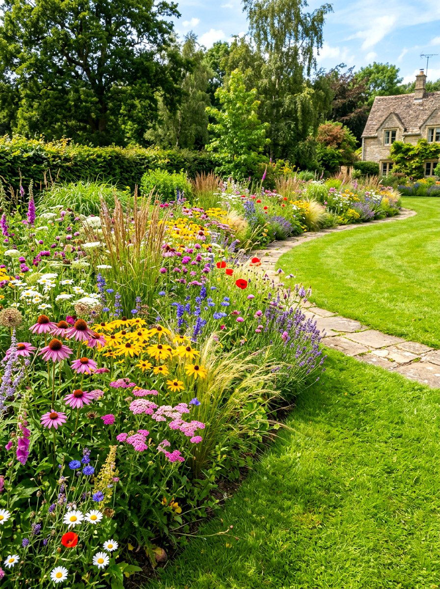 Wildflower Meadow Garden Border - 30 cottage border backyard ideas