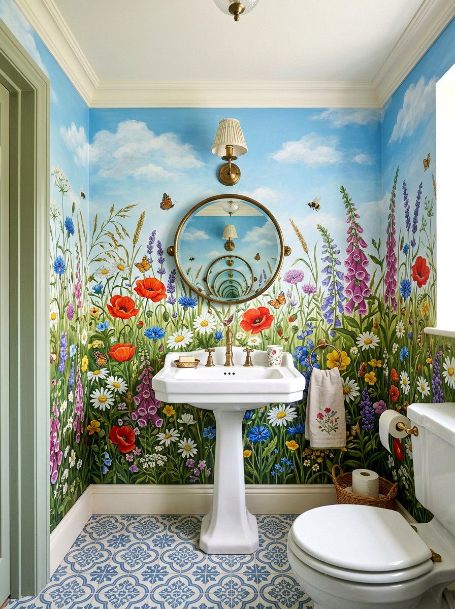 Wildflower Meadow Mural - 30 landscape mural powder room ideas