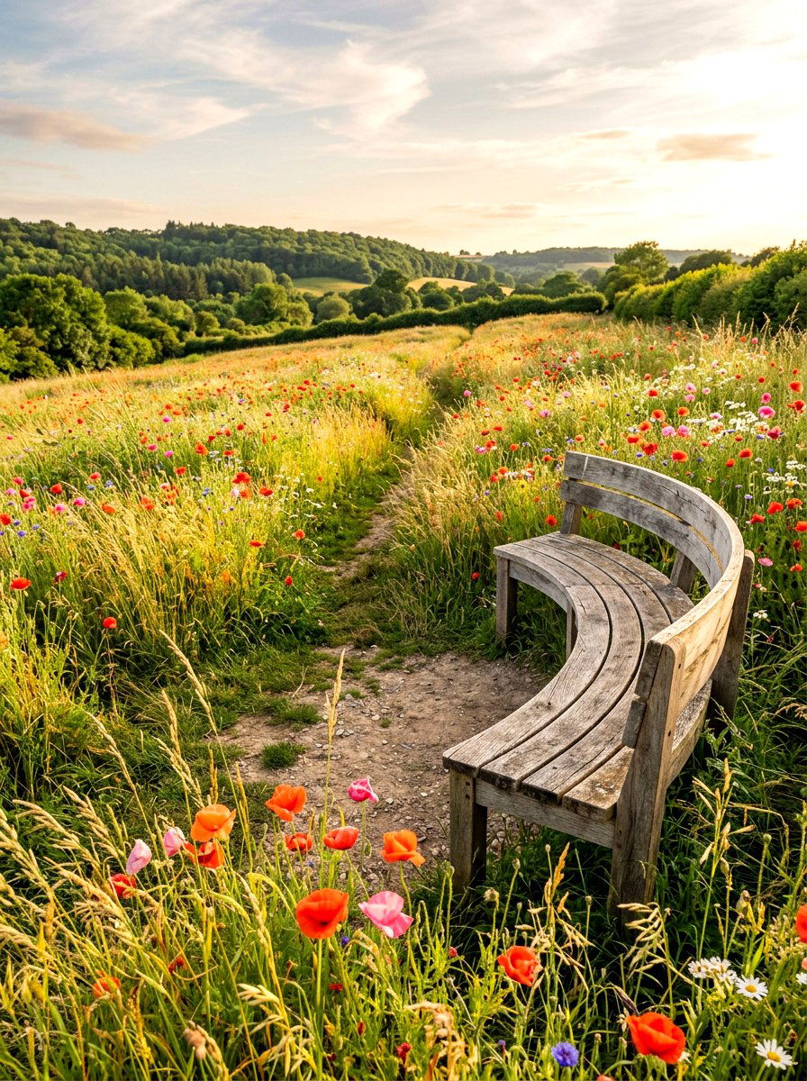 Wildflower Meadow With Curved Bench - 30 curved bench garden ideas