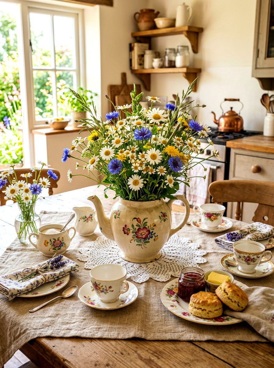 Wildflower Teapot Centerpiece - 30 English tea tablescape ideas