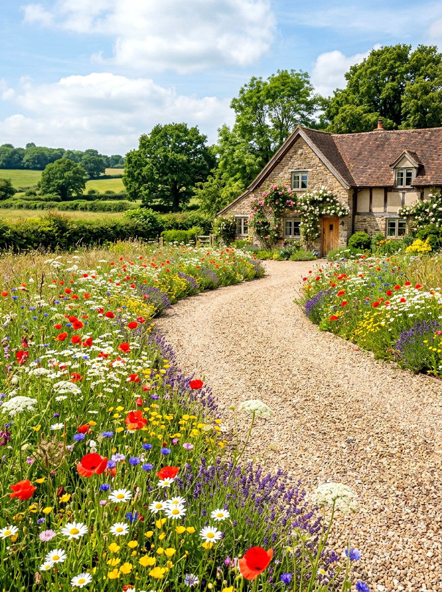 Wildflower driveway fringe - 30 driveway edging ideas