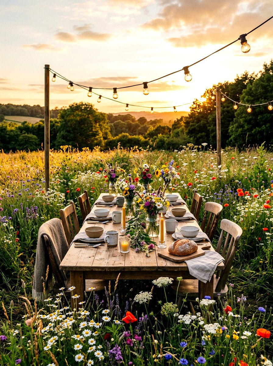 Wildflower garden dinner table - 30 sunset dinner table ideas