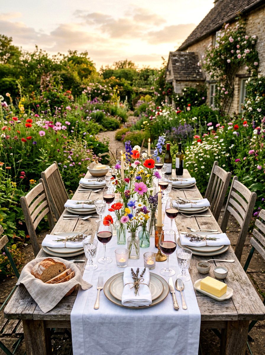 Wildflower garden dinner table - 30 summer patio tablescape ideas