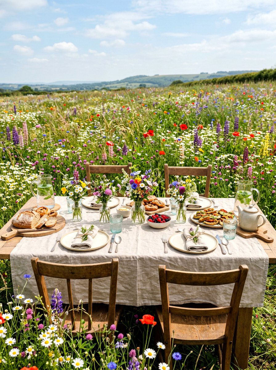 Wildflower meadow brunch table - 30 elegant brunch table ideas