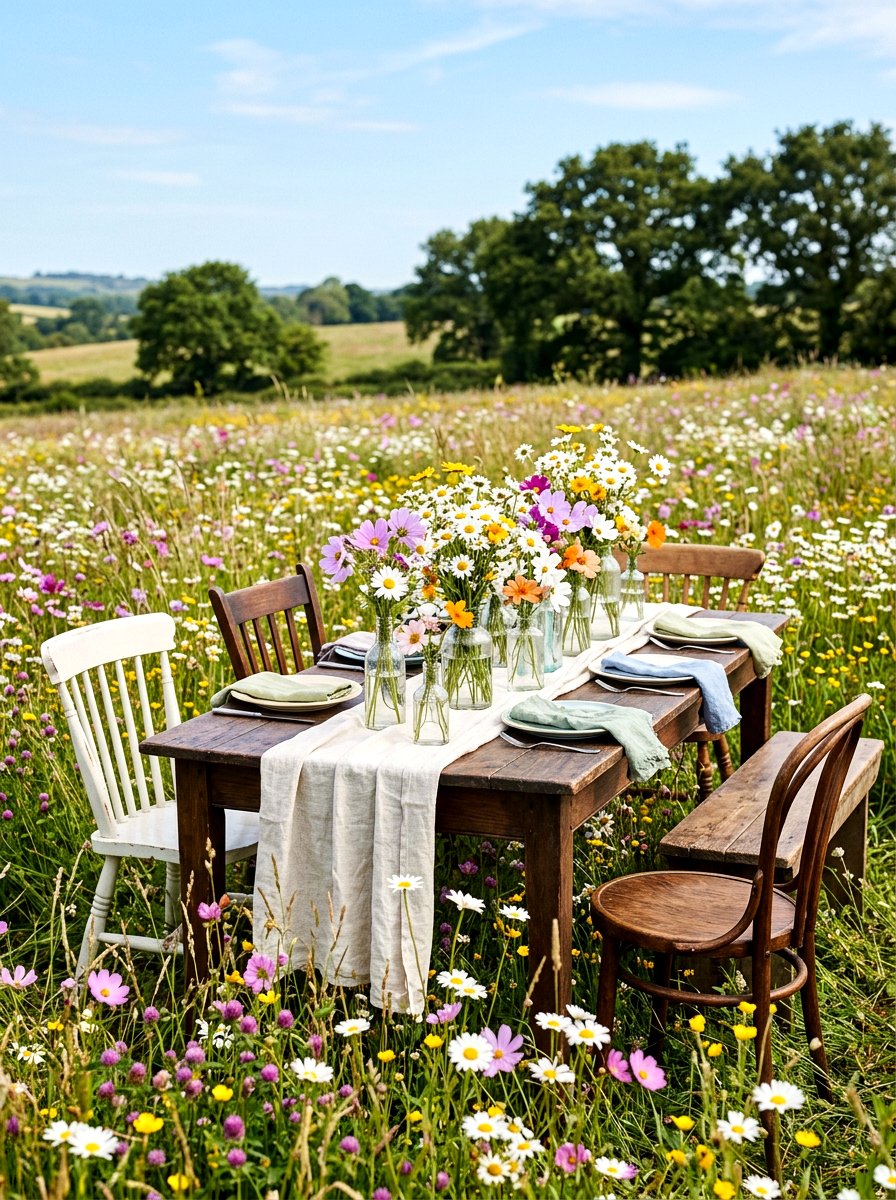 Wildflower meadow garden table setting - 30 garden salad tablescape ideas