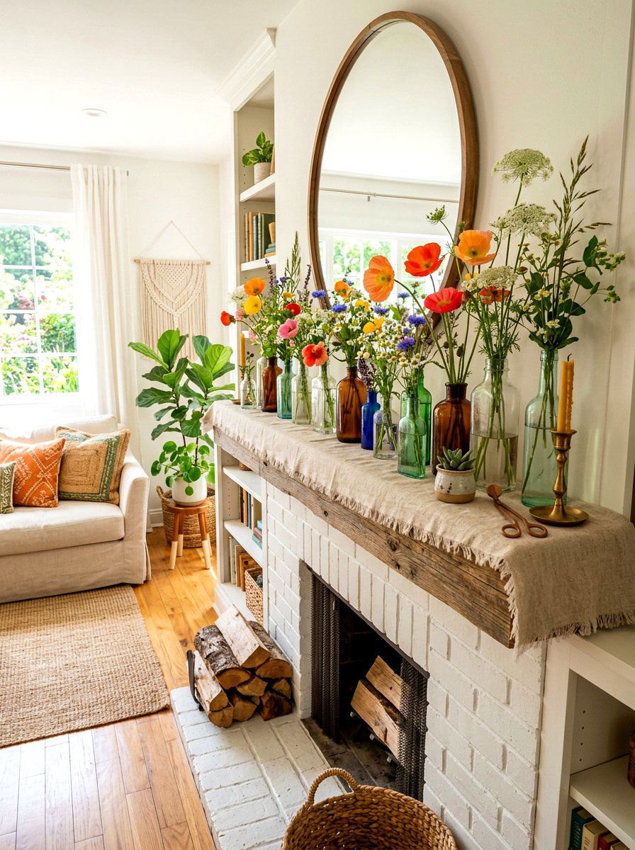 Wildflower meadow mantel - 30 spring mantel decor ideas