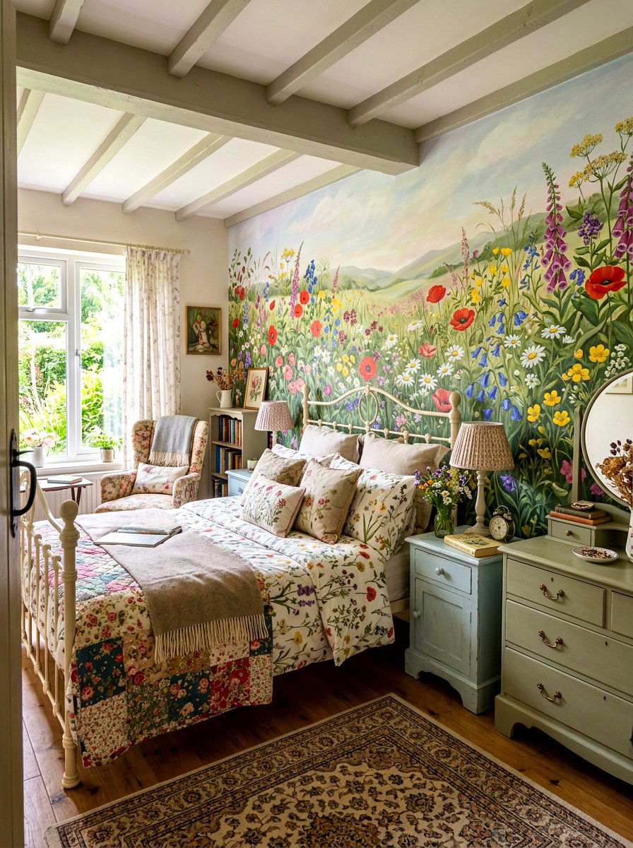 Wildflower meadow wall mural - 30 landscape mural bedroom ideas