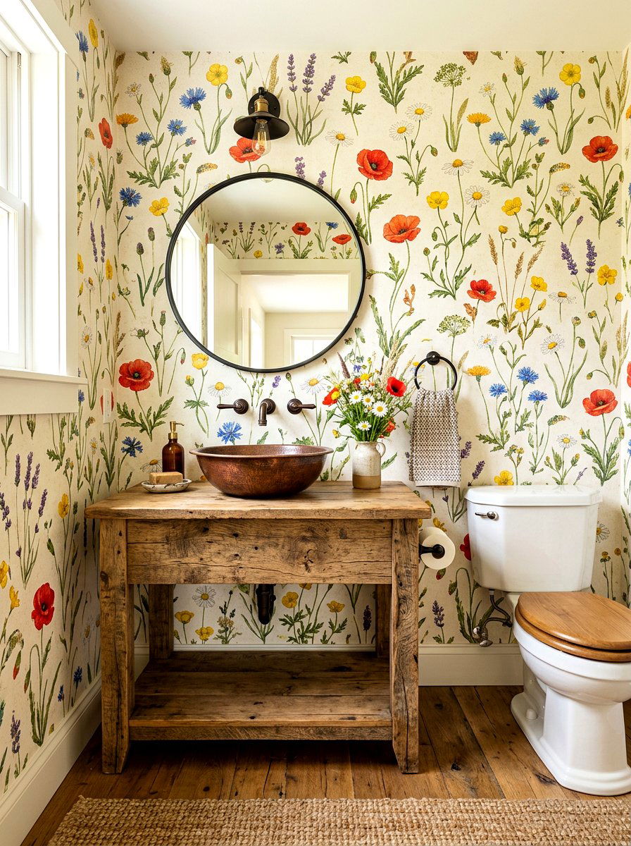 Wildflower print wallpaper - 30 floral wallpaper powder room ideas