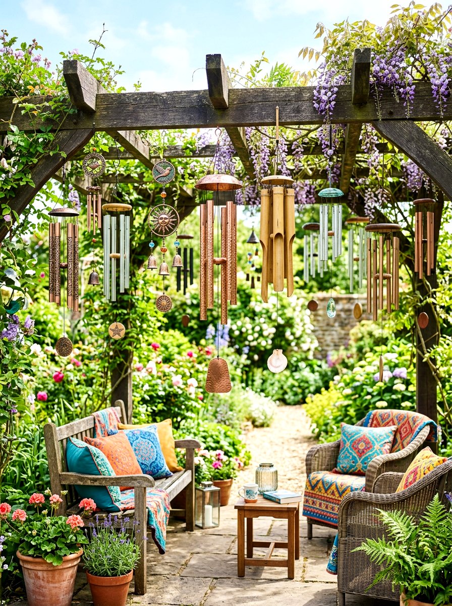 Wind chimes display - 30 sensory garden ideas