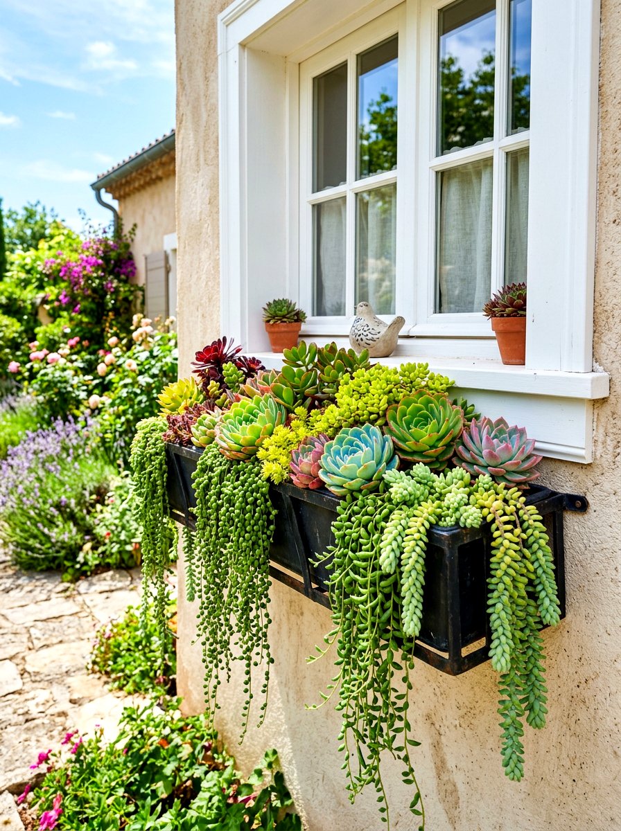 Window Box Succulent Display - 30 vertical succulent garden ideas