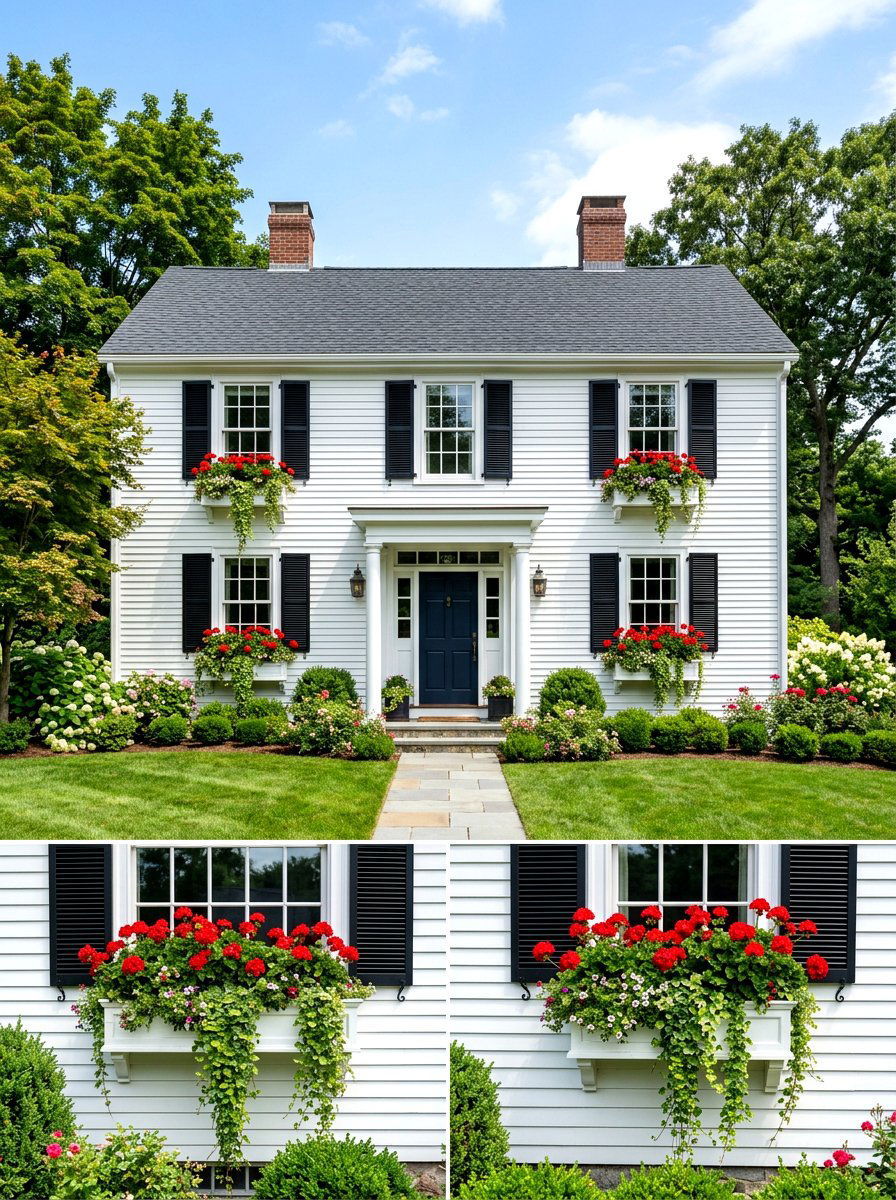 Window Flower Boxes - 30 colonial house exterior ideas