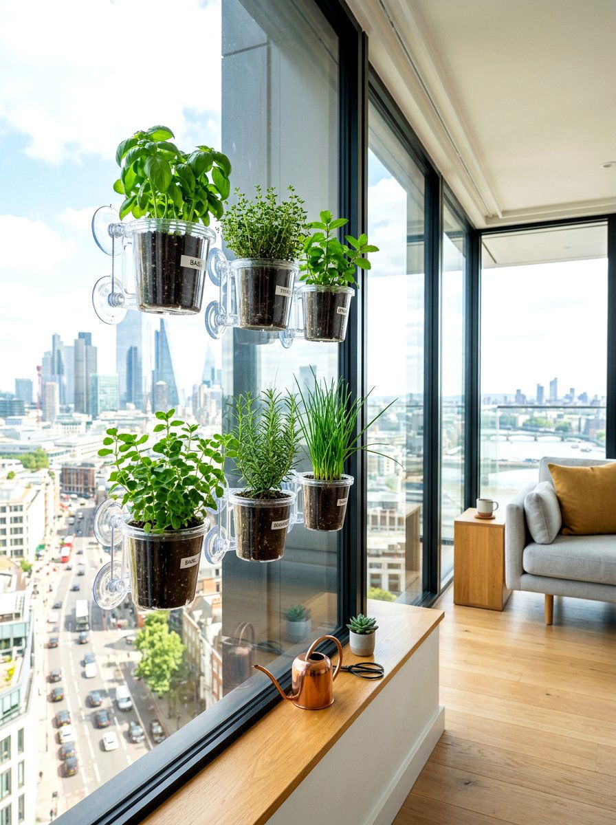 Window Mounted Suction Pots - 30 indoor herb garden ideas