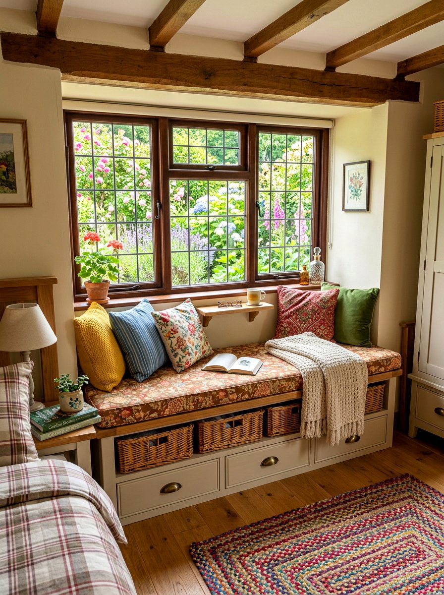 Window Seat Bench - 30 tiny cottage bedroom ideas