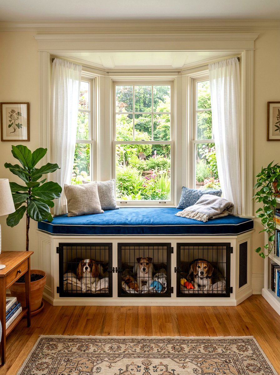 Window Seat Dog Crate - 30 built in dog crate ideas