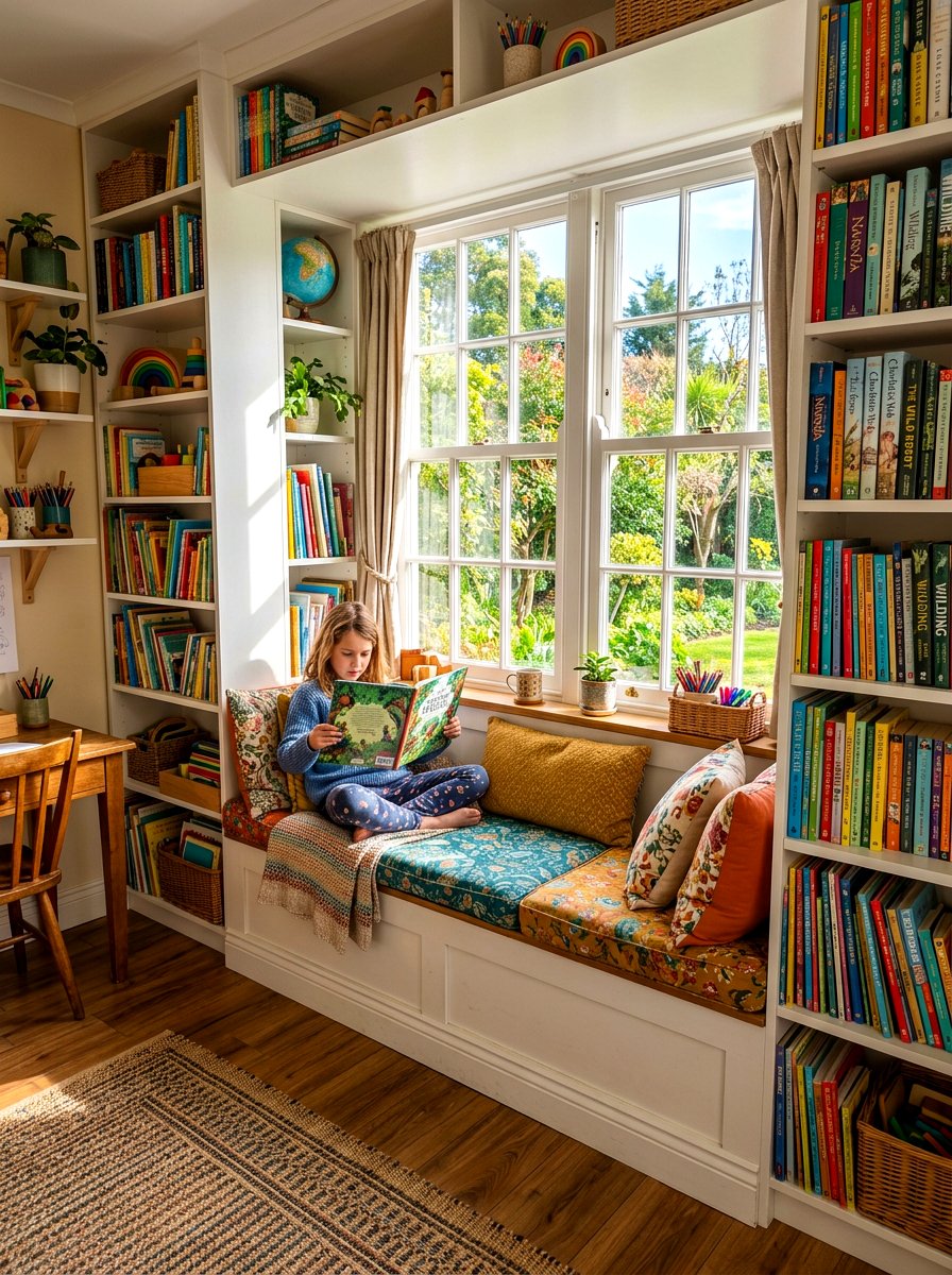 Window Seat Homeschool Reading Area - 30 homeschool room ideas