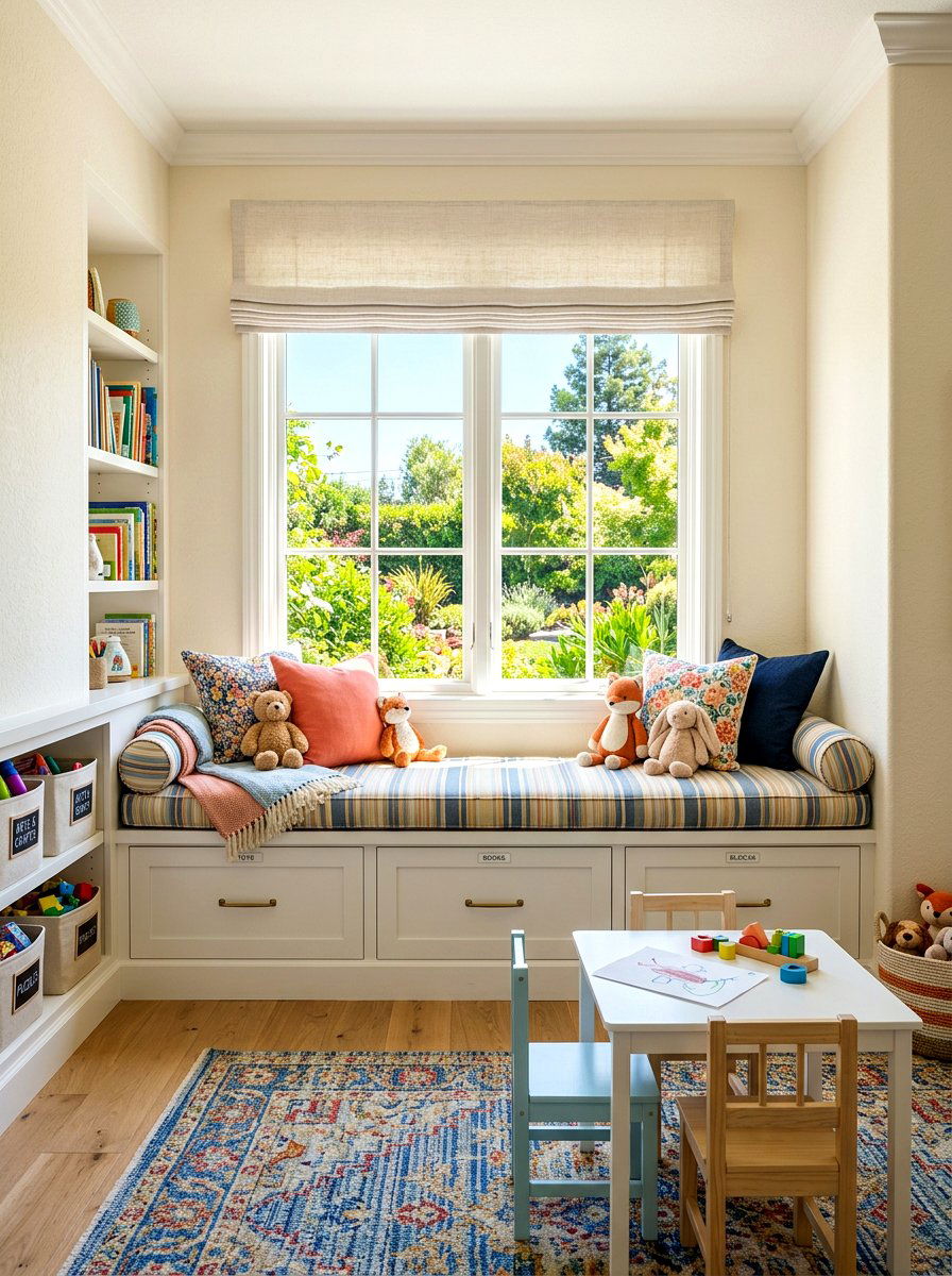 Window Seat Playroom - 30 toy rotation storage ideas