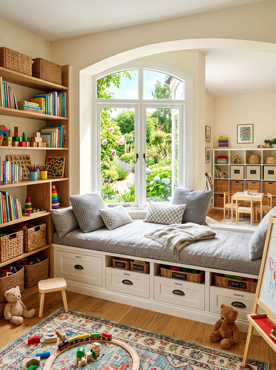 Window Seat Storage - 30 toy library playroom ideas