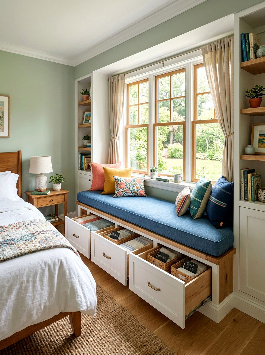 Window Seat Storage Drawers - 30 organizing a guest room ideas