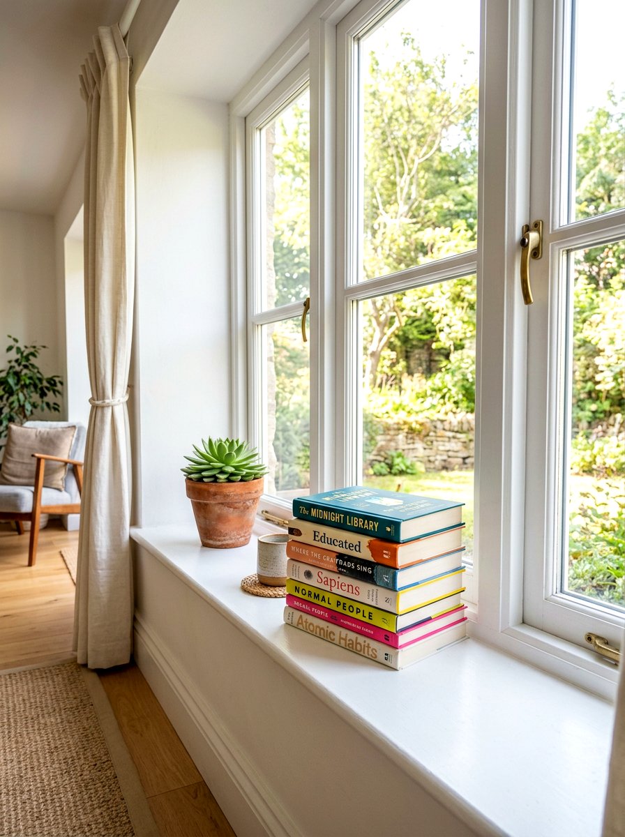 Window Sill Book Arrangement - 30 stacked books decor ideas