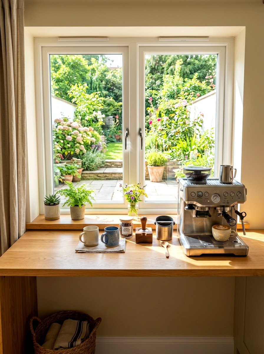 Window Sill Coffee Bar - 30 aesthetic home cafe setup ideas