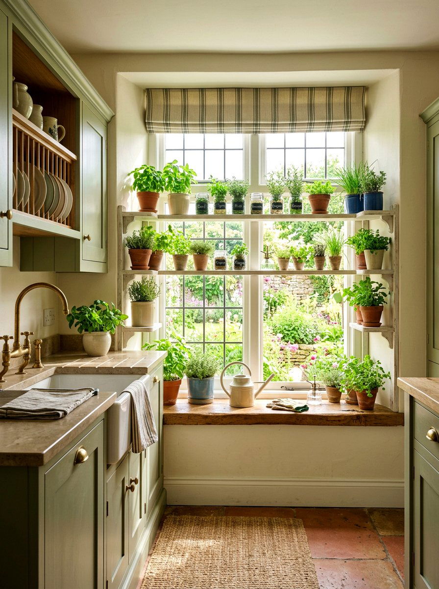 Window Sill Shelving - 30 English country kitchen shelf ideas