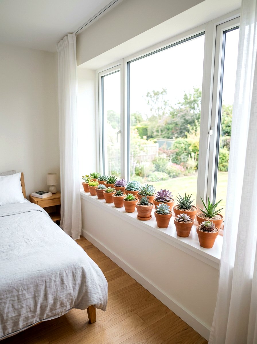 Window Sill Succulent - 30 bedroom plant decor ideas