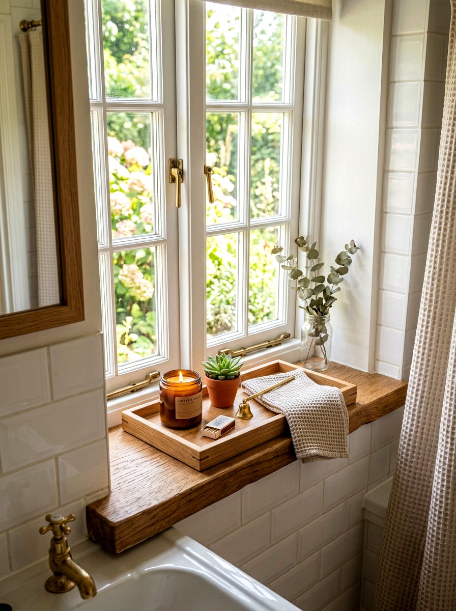 Window Sill Wood Tray - 30 tiny bathroom storage ideas