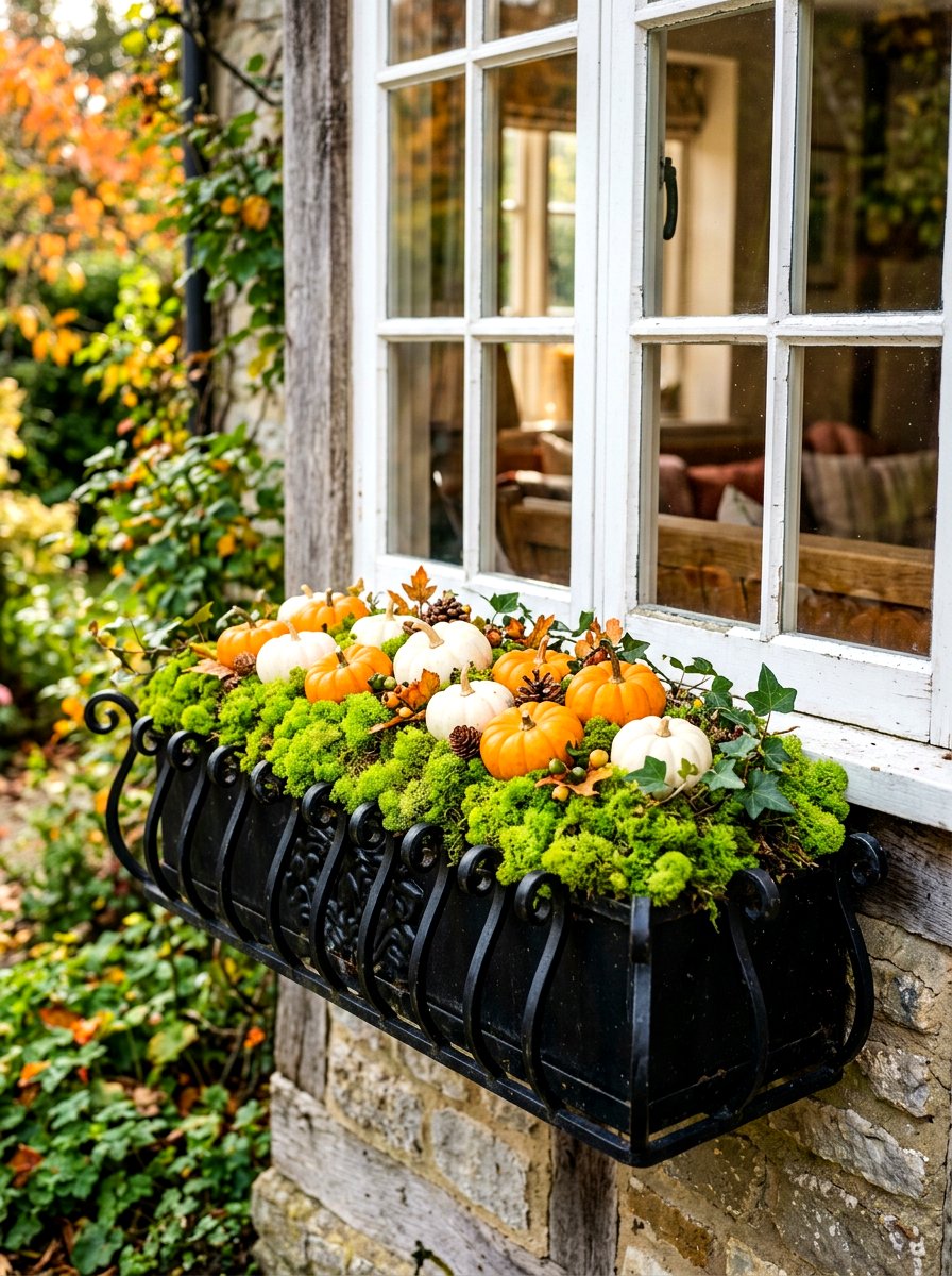 Window box with miniature pumpkins and moss - 30 autumn planter ideas