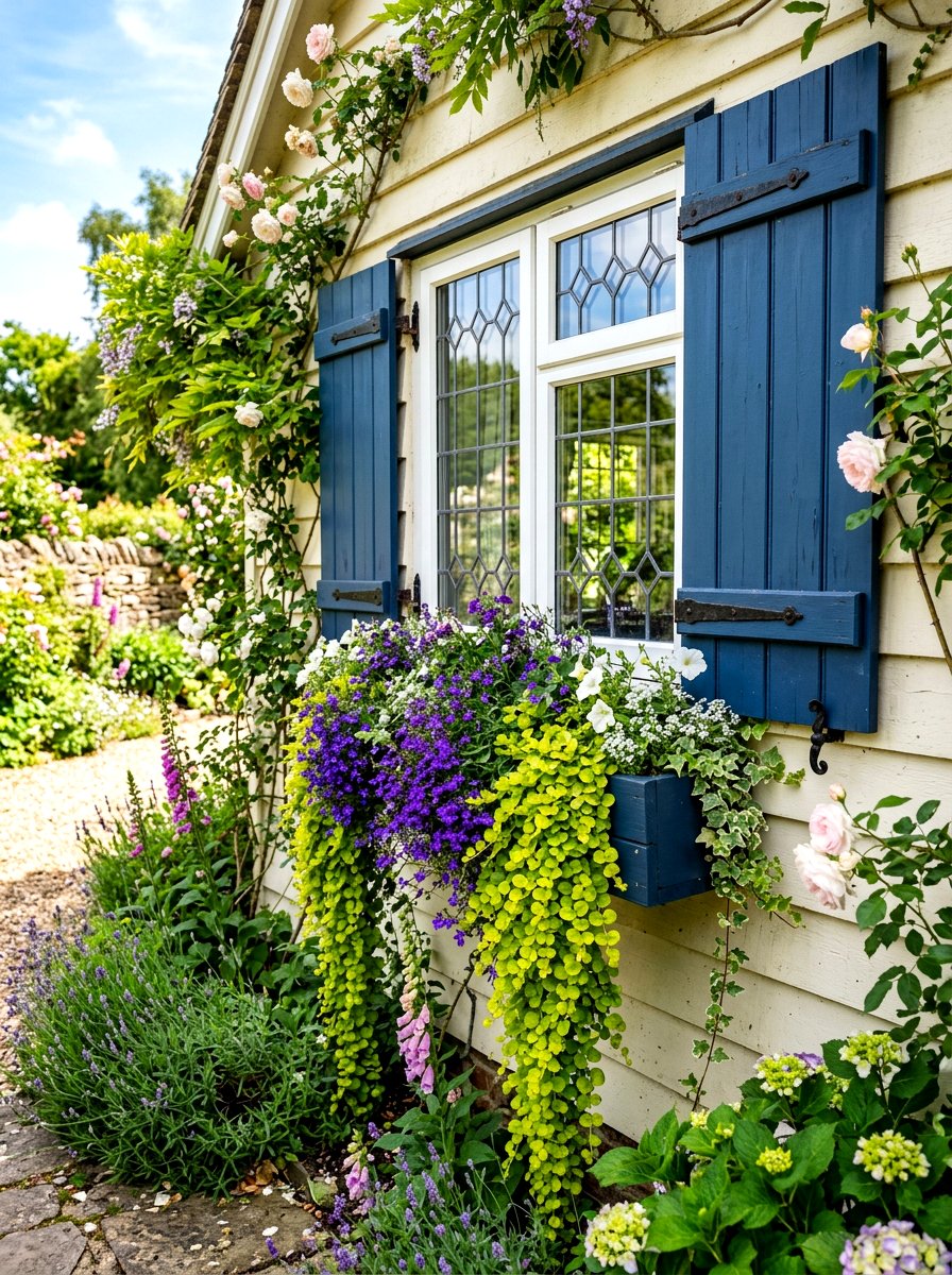 Window boxes with trailing vines - 30 shutters and flower box ideas