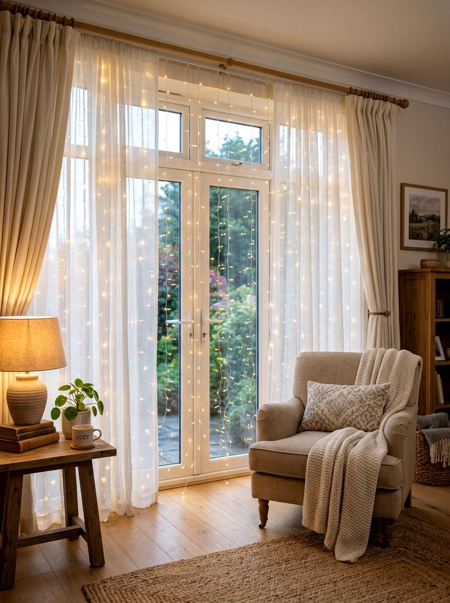 Window curtain fairy lights - 30 string light ideas