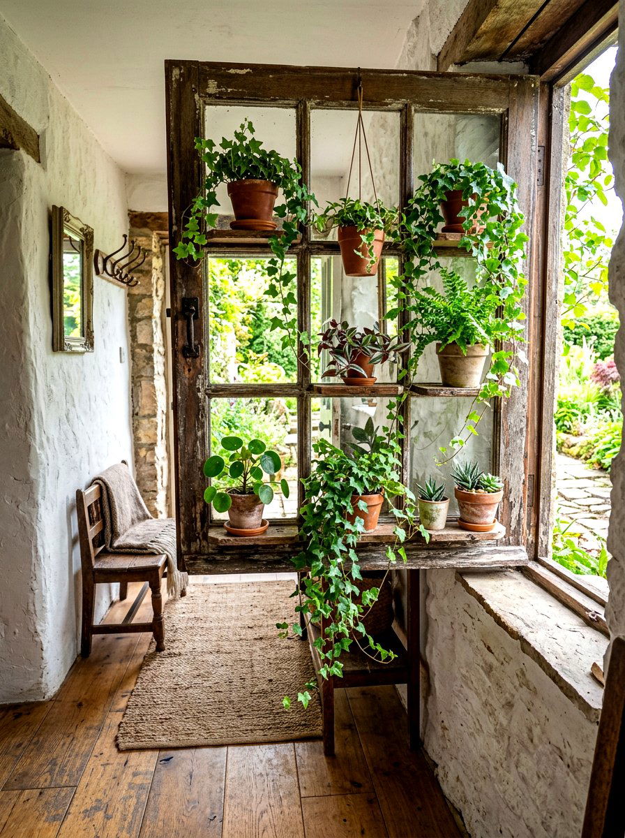 Window frame plant display - 30 indoor plant wall ideas