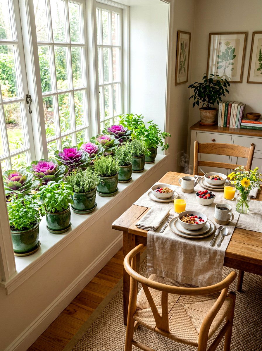 Window garden with kale and herbs - 30 cabbagecore dining room ideas