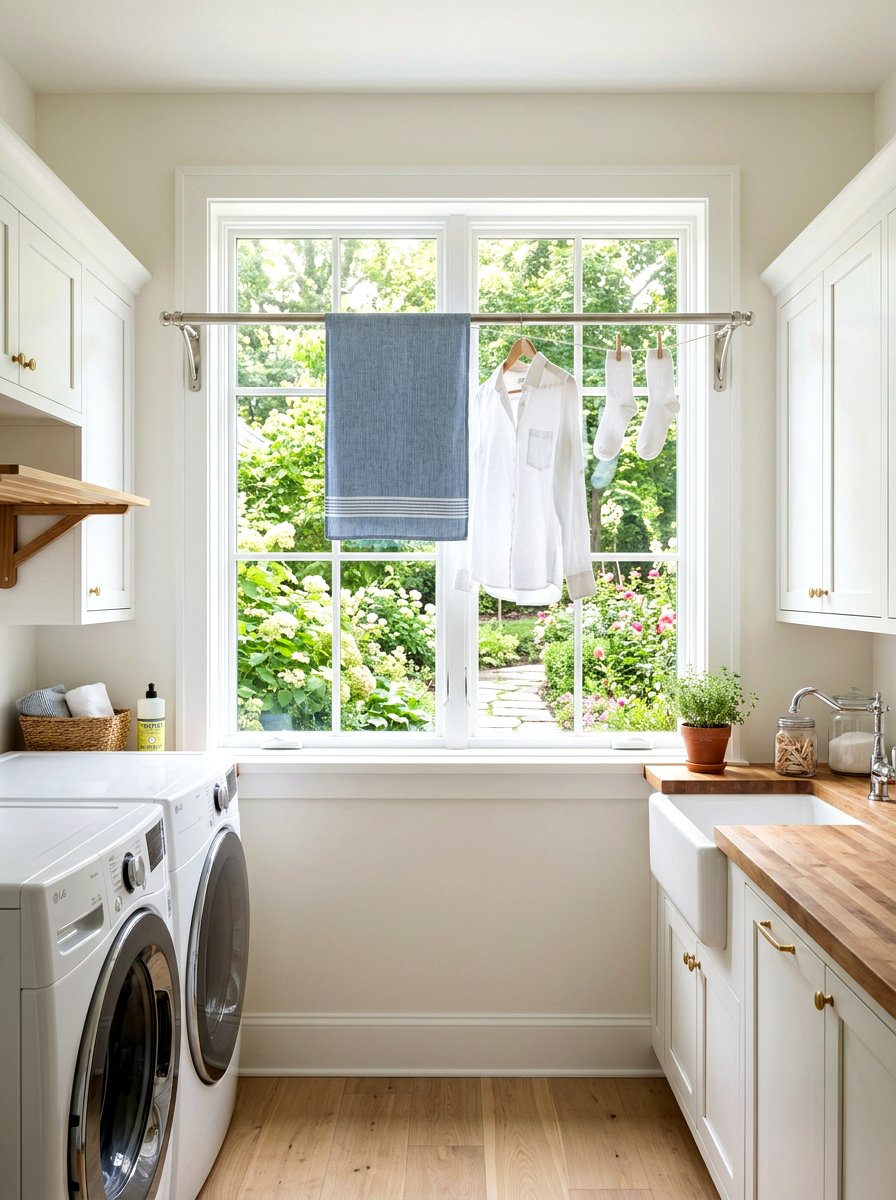 Window laundry hanging rod - 30 laundry room hanging rod ideas