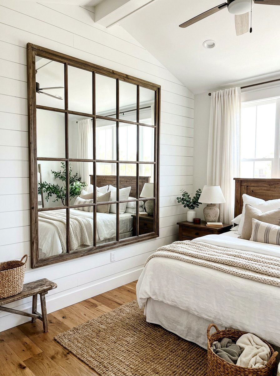 Window pane mirror - 30 farmhouse bedroom ideas
