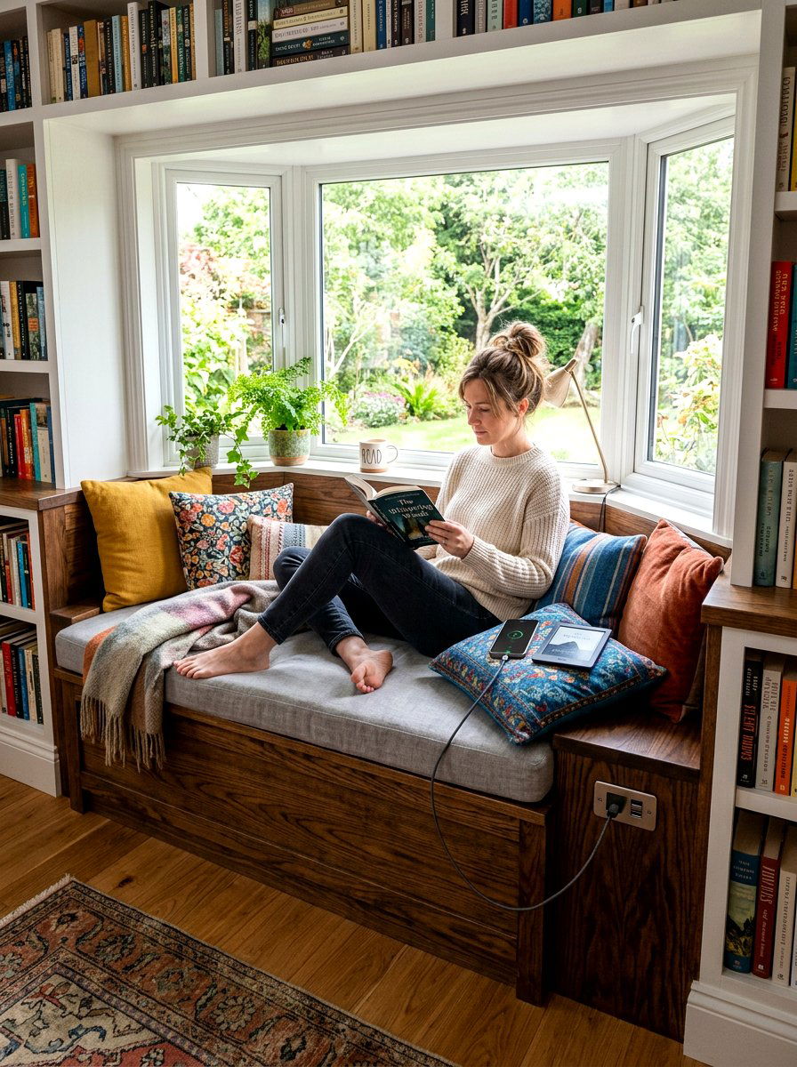Window seat charging nook - 30 charging station ideas