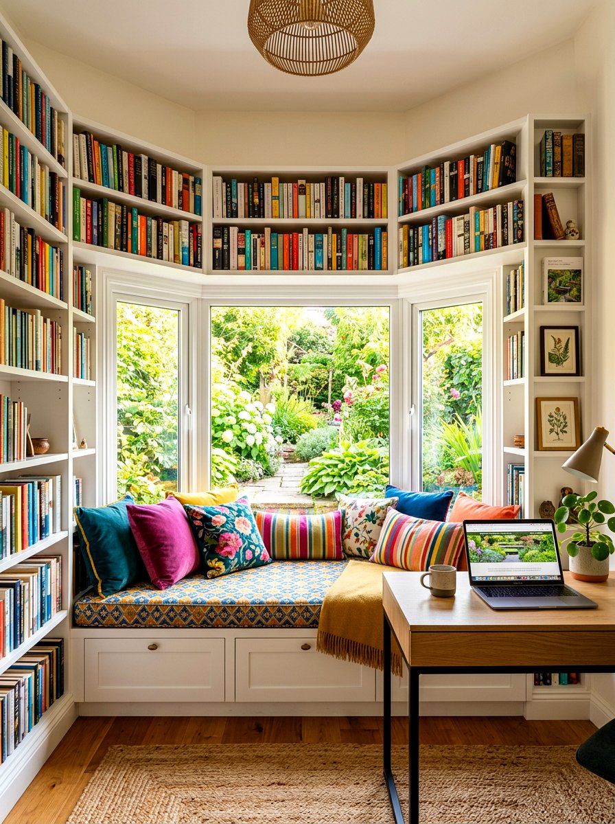 Window seat home library - 30 book lover office ideas