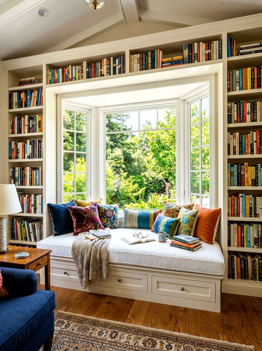 Window seat library - 30 home library ideas